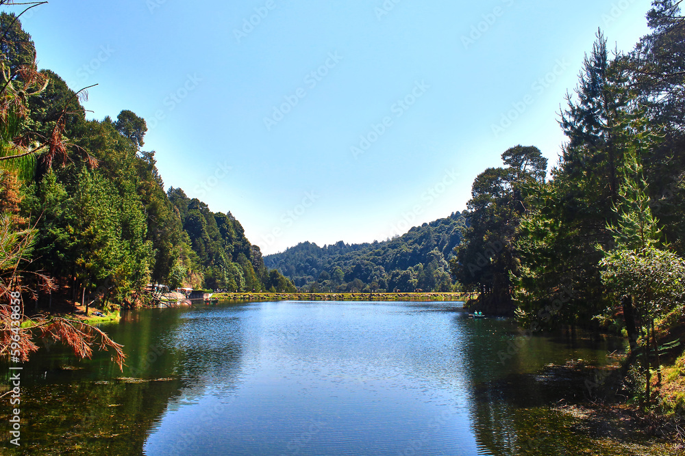 lake with forest in the shore, villa del carbon state of mexico 
