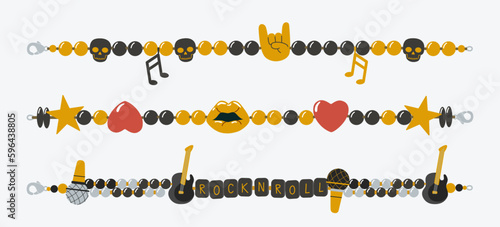 Abstract vector plastic beads colorful kids bracelets illustration set. Rock NRoll old school 90s cartoon style wristbands collection with guitars, microphone, stars and devil horns symbols Isolated