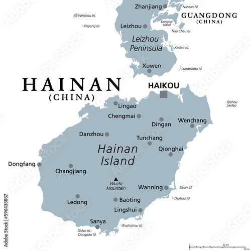 Hainan, the smallest and southernmost province of China, PRC, gray political map. Hainan Island with capital Haikou, and various smaller islands in the South China Sea, south of the Leizhou Peninsula.