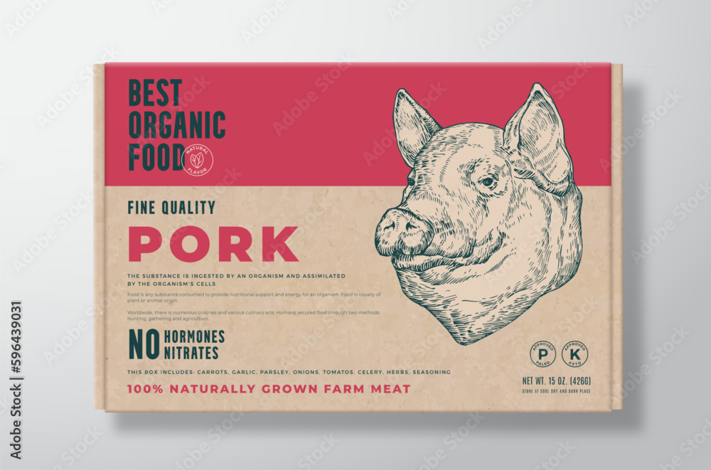 Organic Pork Meat Vector Food Packaging Label Design on a Craft Cardboard Box Container. Modern