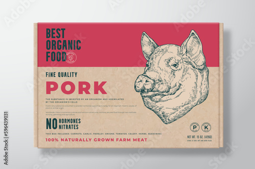 Organic Pork Meat Vector Food Packaging Label Design on a Craft Cardboard Box Container. Modern Typography and Hand Drawn Pig Head Background Layout