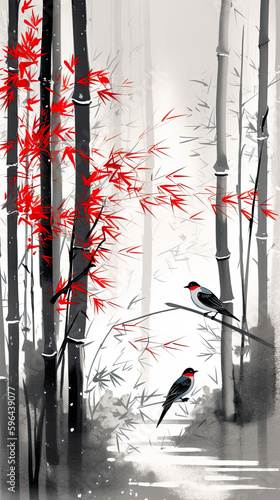 A painting of two birds sitting on a branch. AI generative.