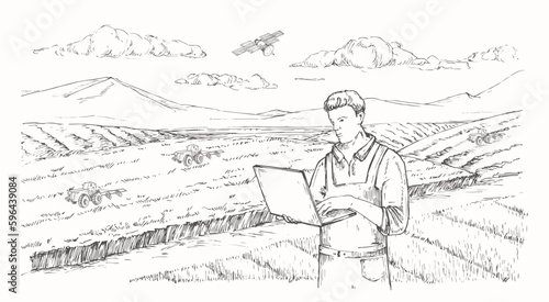 Precision Agriculture Vector Illustration. Hand Drawn Farmer with Laptop Operating Tractors with Satellite Engraving Style Drawing. Modern Automated Crop Production Doodle. Isolated