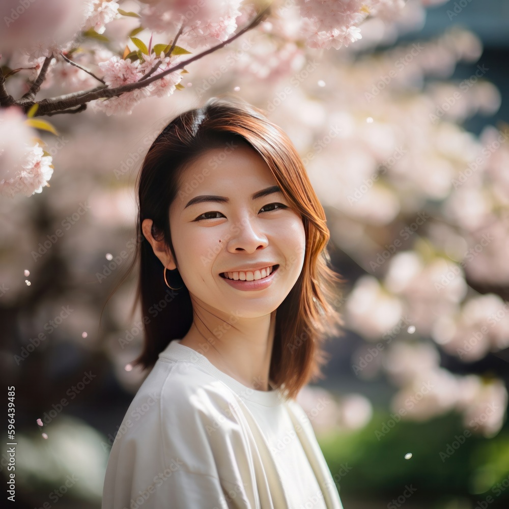 Young asian woman smiling under a cherry blossom tree, in the style of tokina. Happy woman portrait in blossoming sakura, AI-generated Young asian woman smiling under a cherry blossom tree, in the style of tokina. Happy woman portrait in blossoming sakura, AI-generated