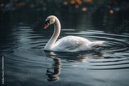 A swan glides peacefully on the serene water surface. Generative AI