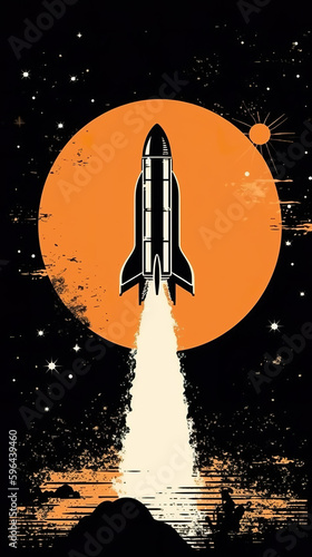 A black and white poster with a space shuttle coming out of it. AI generative.