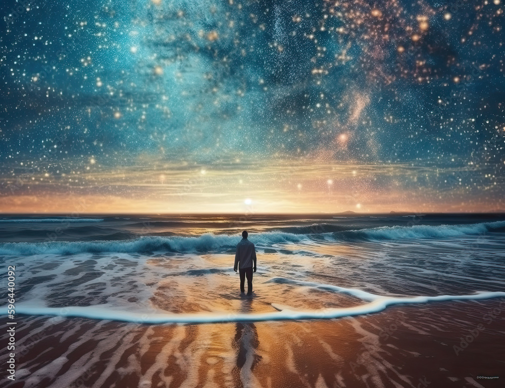 Psychic wave, beach, travel, wanderlust, galaxy, one with nature, standing in awe. generative AI