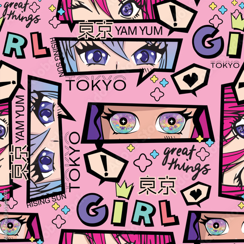 Anime girl seamless pattern with street art style headphones with cat ears, comic boards with manga teenagers.  girlish comics repeat print.

