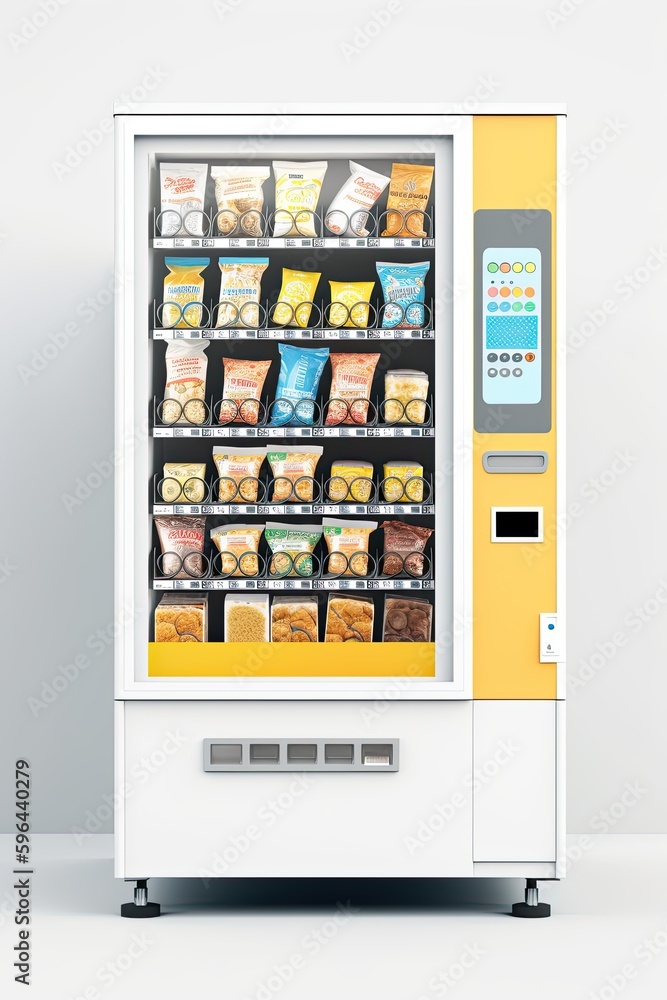 Buying Snacks from an Automated Vending Cabinet: Coin-Operated Equipment with Bottles, Cans, Boxes, and Labeled Food Mockups on White. Generative AI Buying Snacks from an Automated Vending Cabinet: Coin-Operated Equipment with Bottles, Cans, Boxes, and Labeled Food Mockups on White. Generative AI