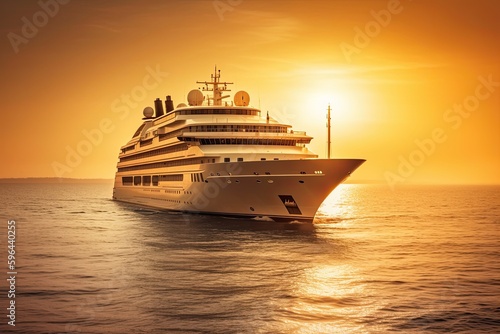 A Millionaire's Voyage at Sunset: Luxury Mega Yacht Cruising the Caribbean Sea: Generative AI © AIGen