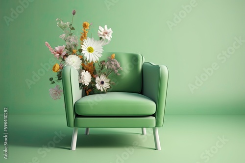 Elegant Armchair with Vibrant Floral Decor, in Contemporary Spring Style, on Pastel Green Background: Generative AI