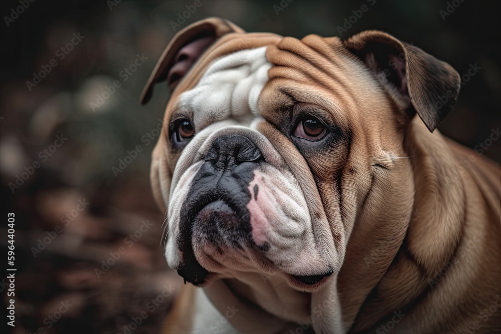 Strength and Character: A Closeup Portrait of an Adorable English Bulldog Looking Left in the Field: Generative AI