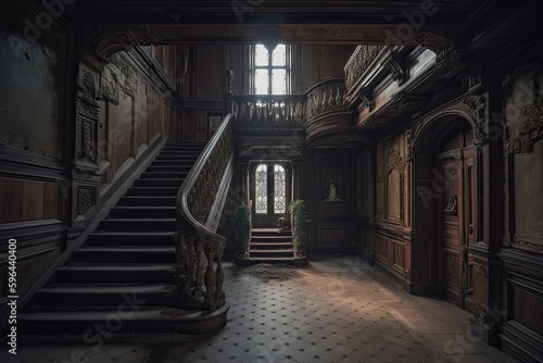 The Haunting of an Abandoned Luxury Manor: A Resident's Nightmare Reveals a Dilapidated Old Stair with a Vintage Scare: Generative AI