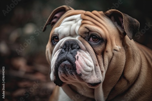 Strength and Character: A Closeup Portrait of an Adorable English Bulldog Looking Left in the Field: Generative AI © AIGen