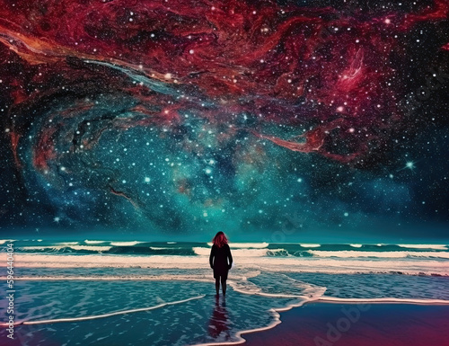 Psychic wave  beach  travel  wanderlust  galaxy  one with nature  standing in awe. generative AI