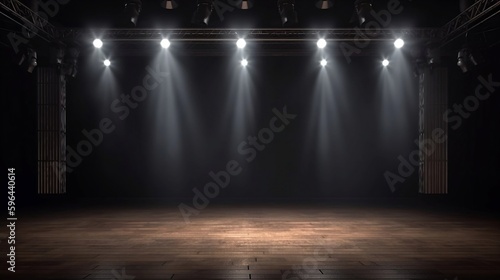 A wood black theatre stage with spotlights on it. 