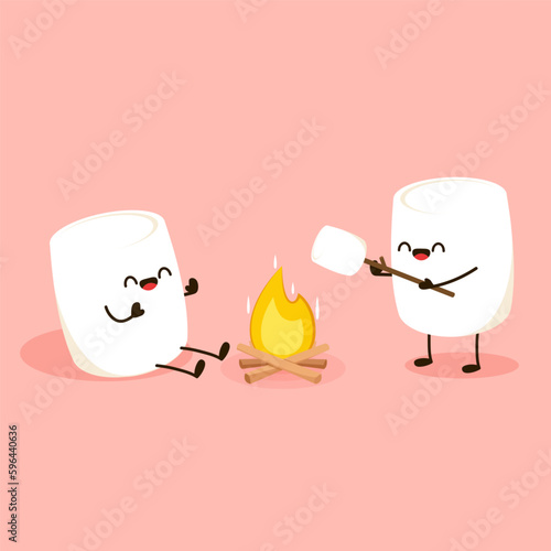 Marshmallow character. Marshmallow piece on skewer roasting on forest bonfire. bonfire vector. Marshmallow cartoon vector. 