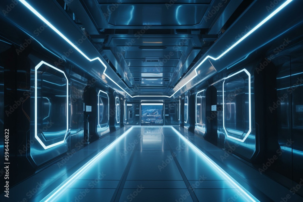 Futuristic corridor with modern tech and neon glow. Generative AI