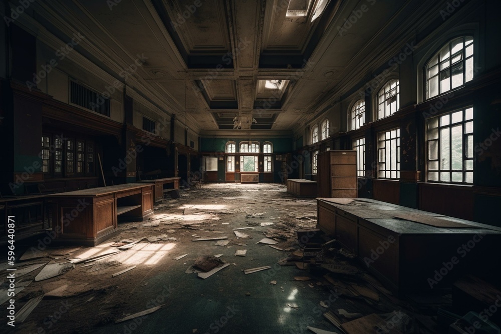 Deserted elementary school during closure, repurposed as public facility. Generative AI