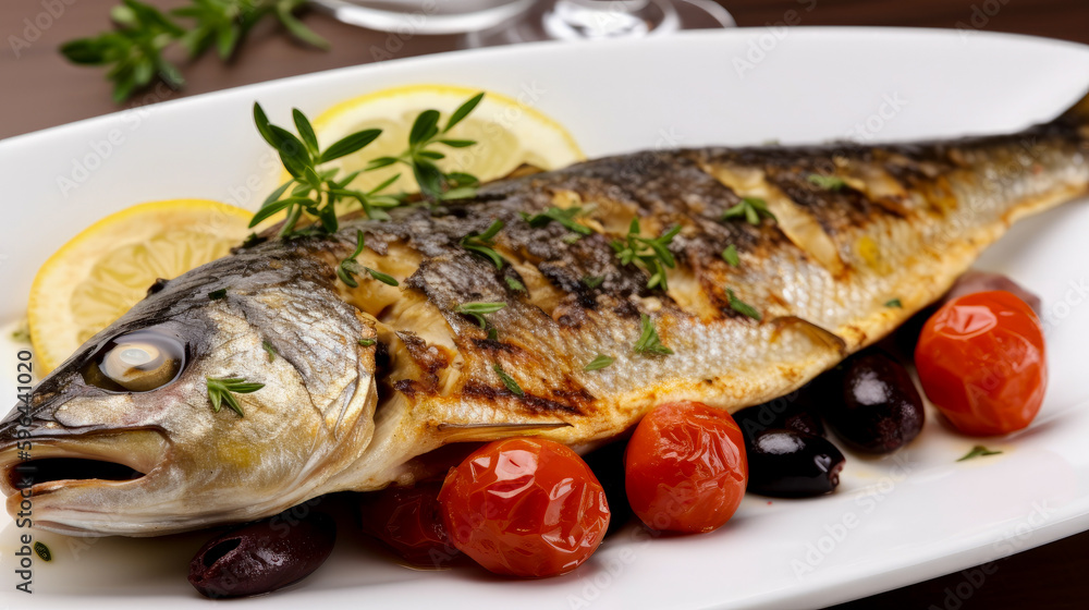 Plate with Mediterranean fish food, generative ai Plate with Mediterranean fish food, generative ai