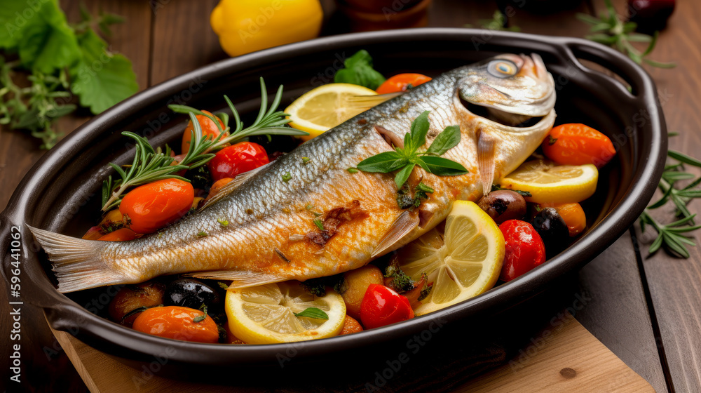 Plate with Mediterranean fish food, generative ai Plate with Mediterranean fish food, generative ai