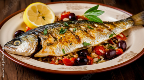 Plate with Mediterranean fish food, generative ai