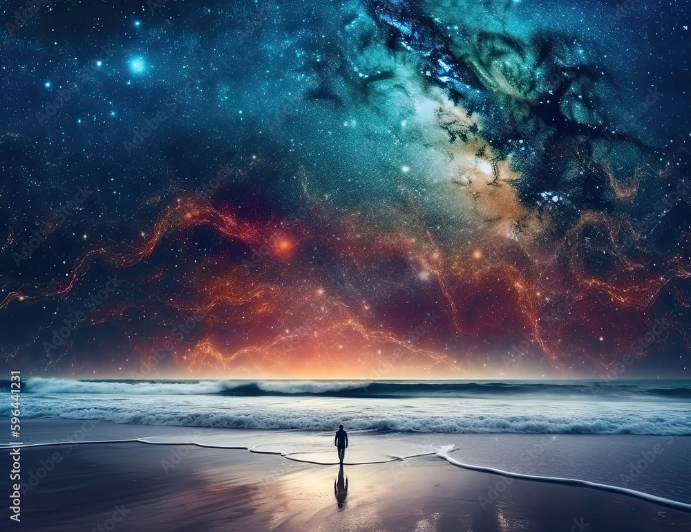 Psychic wave, beach, travel, wanderlust, galaxy, one with nature, standing in awe. generative AI Psychic wave, beach, travel, wanderlust, galaxy, one with nature, standing in awe. generative AI