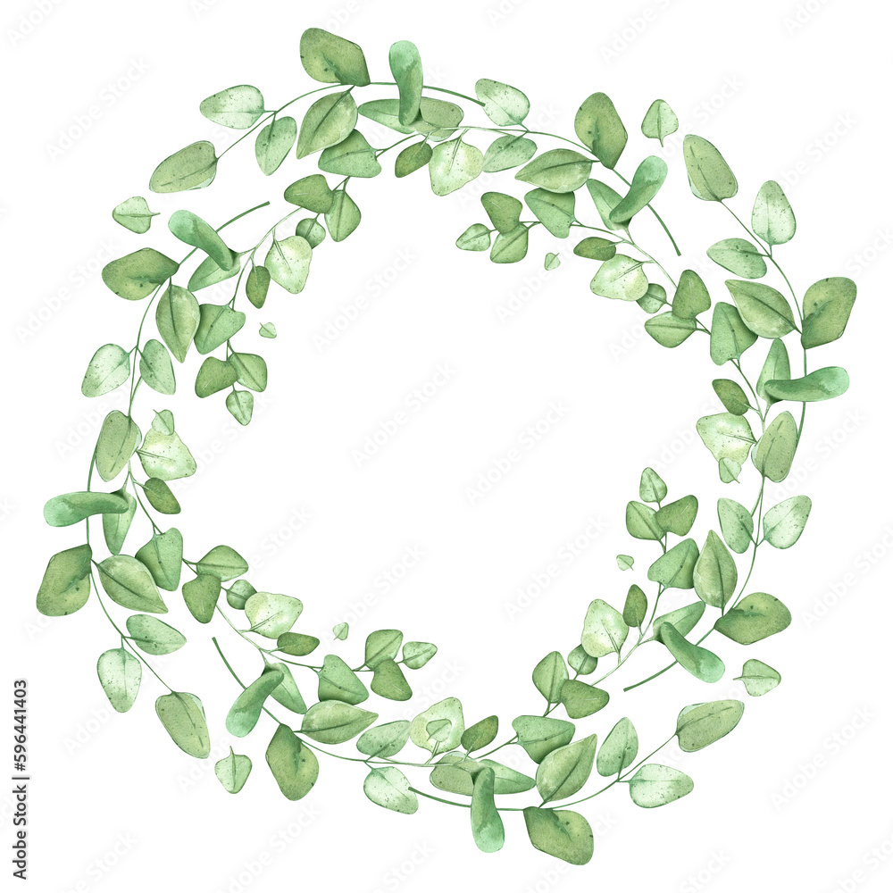 Eucalyptus wreath. Green round frame for rustic background. Circle shaped template for banner or wedding invitation. Watercolor illustrations with plants.