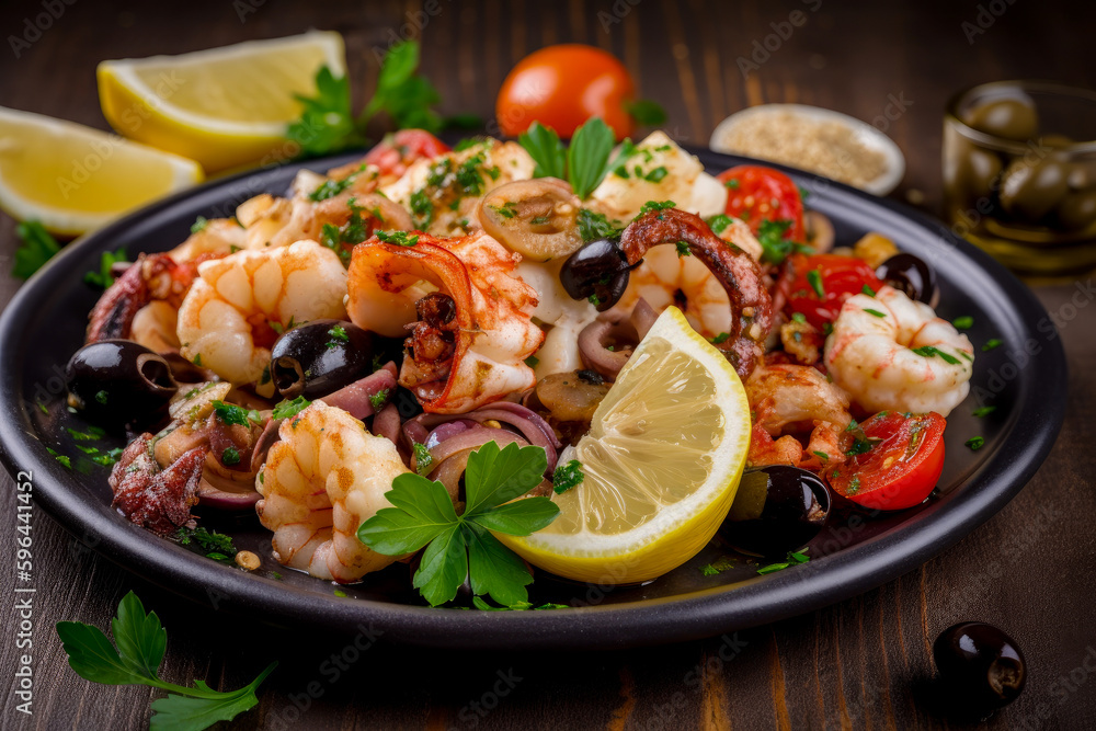 Delicious Mediterranean Dish with seafood, generative ai Delicious Mediterranean Dish with seafood, generative ai