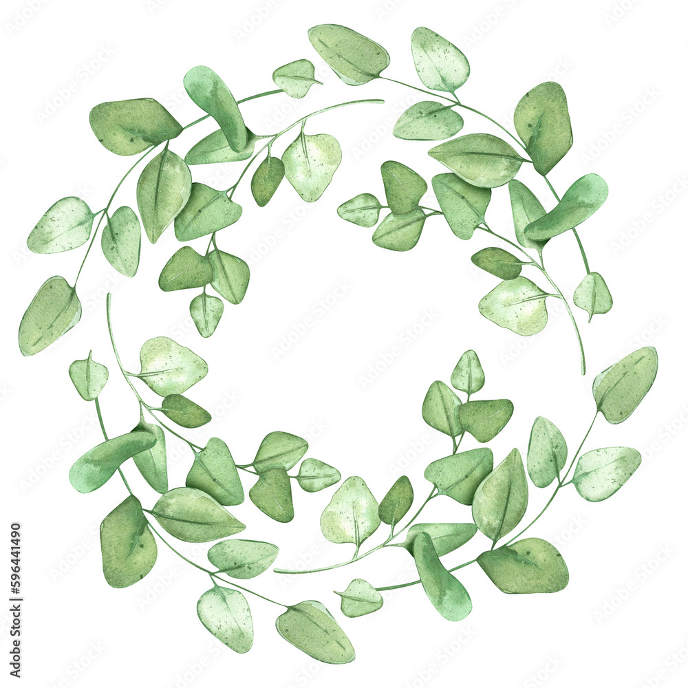 Eucalyptus wreath. Green round frame for rustic background. Circle shaped template for banner or wedding invitation. Watercolor illustrations with plants. Eucalyptus wreath. Green round frame for rustic background. Circle shaped template for banner or wedding invitation. Watercolor illustrations with plants.