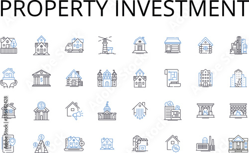 Property investment line icons collection. Real estate, Land purchase, Home buying, Asset acquisition, Investment strategy, Capital growth, Real property vector and linear illustration. Generative AI