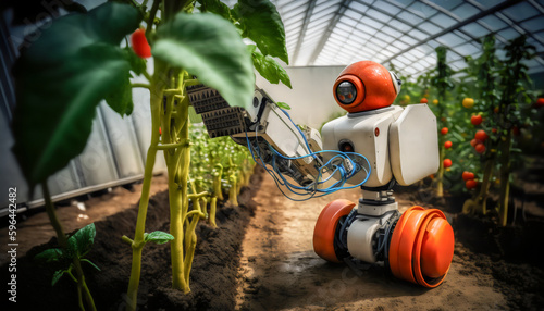 Ein Roboter erntet in einem Gewächshaus Tomaten. Fotorealistische Illustration auf Grundlage generativer KI. photo