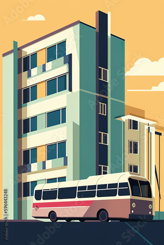 Bus, public transport in modern city, Bauhaus style background, 20s geometric design, AI generative digital art. © tilialucida
