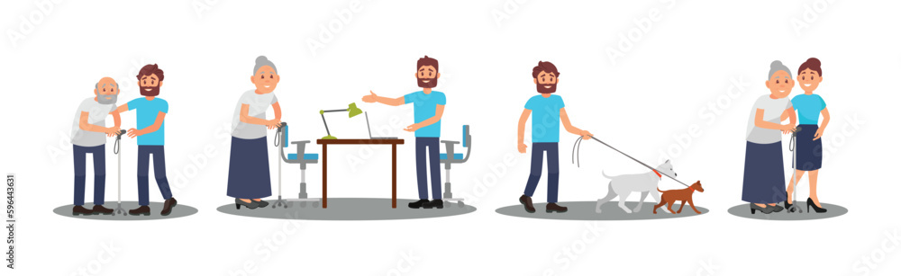 Man and Woman Volunteer Characters Helping Senior and Walking Dog Vector Illustration Set Man and Woman Volunteer Characters Helping Senior and Walking Dog Vector Illustration Set