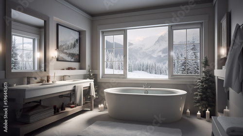 A bath room with a tub a sink and a window. AI generative. Norway house