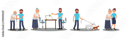 Man and Woman Volunteer Characters Helping Senior and Walking Dog Vector Illustration Set