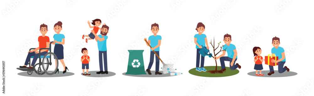 Man and Woman Volunteer Characters Helping Disabled, Planting and Gathering Garbage Vector Illustration Set