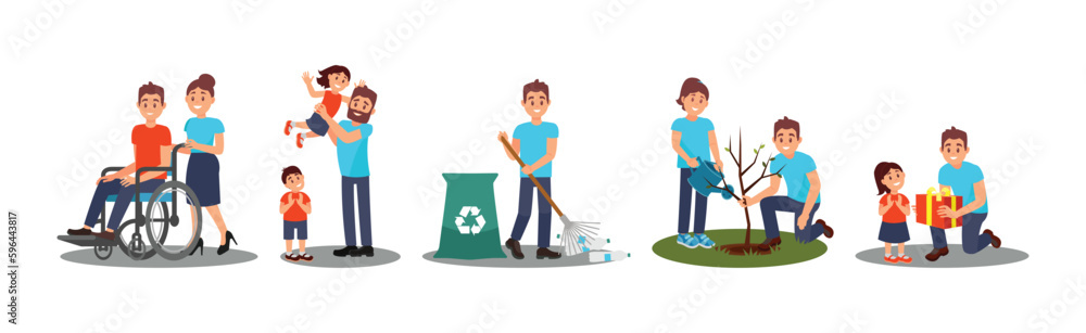Man and Woman Volunteer Characters Helping Disabled, Planting and Gathering Garbage Vector Illustration Set Man and Woman Volunteer Characters Helping Disabled, Planting and Gathering Garbage Vector Illustration Set