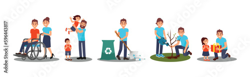 Man and Woman Volunteer Characters Helping Disabled, Planting and Gathering Garbage Vector Illustration Set