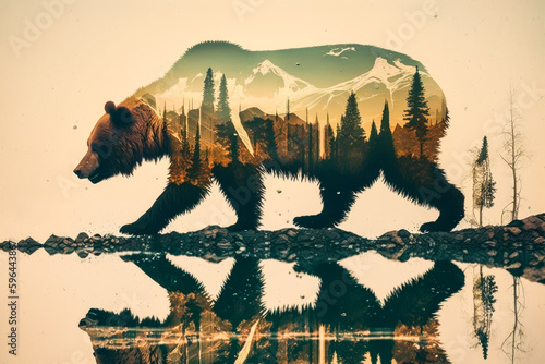 Majestic bear in double forestpunk exhibition with earthy tones and soothing symmetry. Symbol of the great American wilderness. Generative AI © XaMaps