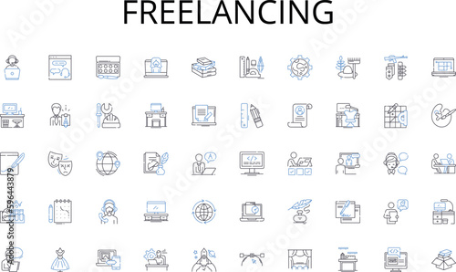 Freelancing line icons collection. Grooming, Wardrobe, Makeup, Dressing, Costume, Green room, Rehearsal vector and linear illustration. Props,Lighting,Sound outline signs set Generative AI