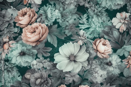 Cold, pastel-colored flowers in a seamless pattern on a gray background. Generative AI © Marisela