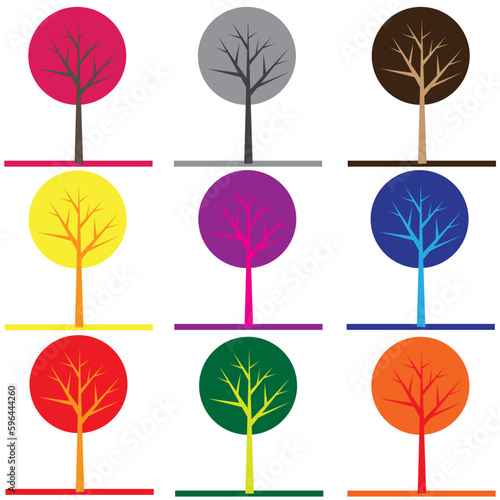 Group of icon set of circle deciduous trees in various colors with trunk tree crown and ground land isolated on white background
