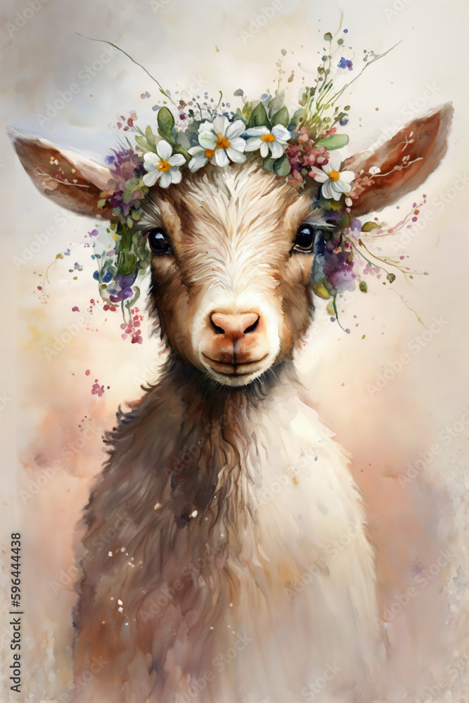 Φωτογραφία Watercolor illustration of a lamb wearing a crown of flowers with a transparent background