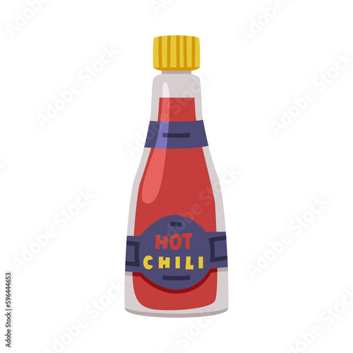 Hot and Spicy Chili Sauce in Glass Bottle with Label and Cap Vector Illustration