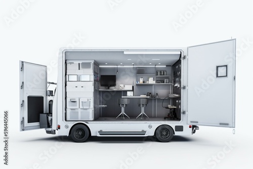 Large mobile office on white backdrop in 3D. Generative AI