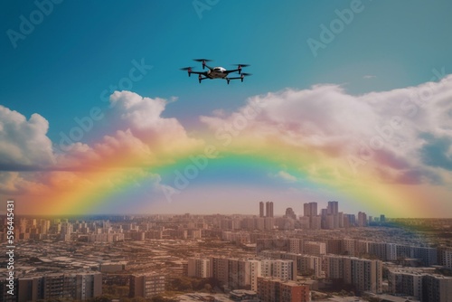 City model hovering above a rainbow. Generative AI