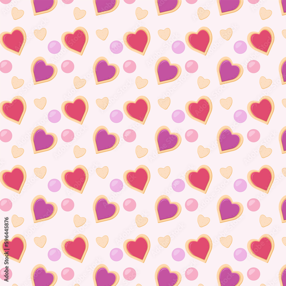 Seamless pattern with hearts. Colorful biscuits with candy drops. Textile, wallpaper, paper, decoration, background.