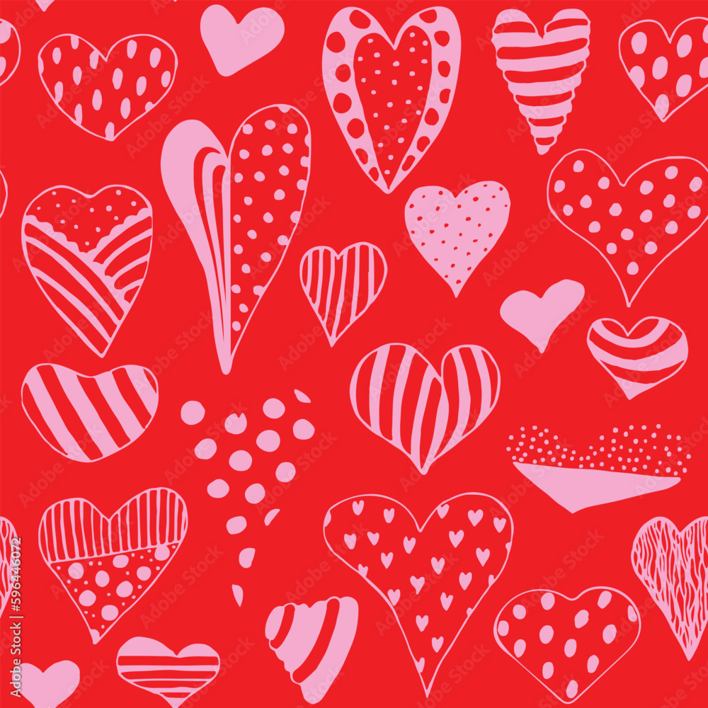 Red Hearts on a Light Pink Background seamless pattern. Cute Hand Drawn Heart. Tiny Pink Heart on a Red Layout. Style Romantic Print for Fabric, Textile, Valentines. Vector illustration Red Hearts on a Light Pink Background seamless pattern. Cute Hand Drawn Heart. Tiny Pink Heart on a Red Layout. Style Romantic Print for Fabric, Textile, Valentines. Vector illustration