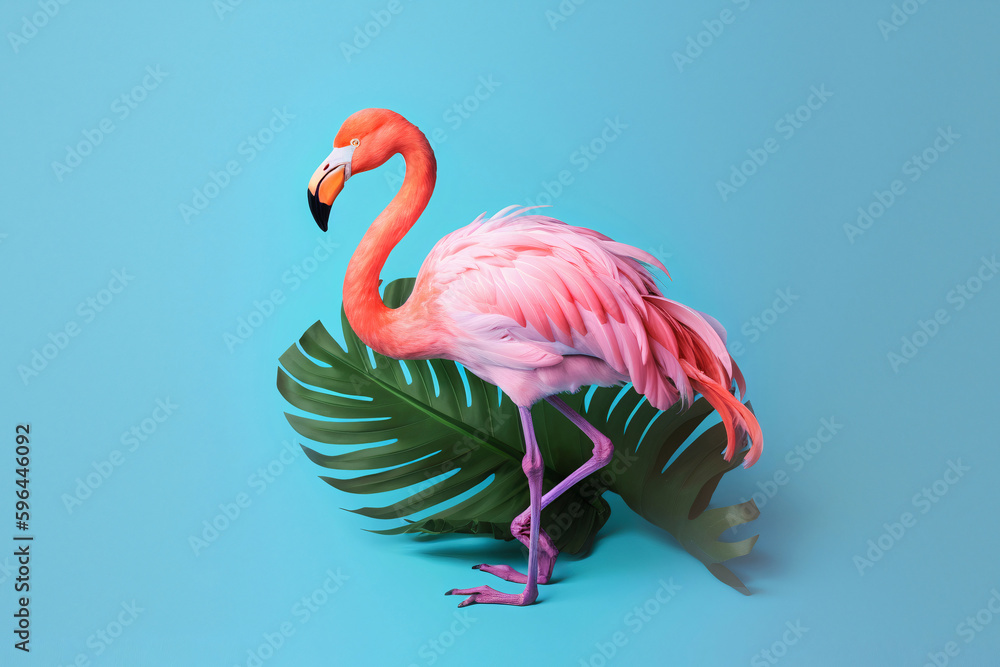 Fototapeta premium Pink flamingo in tropical leaves on a blue background AI generative